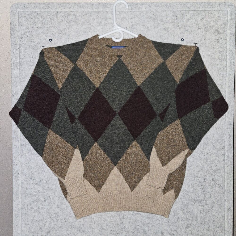 Vtg Pendleton Sweater Argyle 100% Wool Crewneck Multi Color Sz L Preppy Dopamine